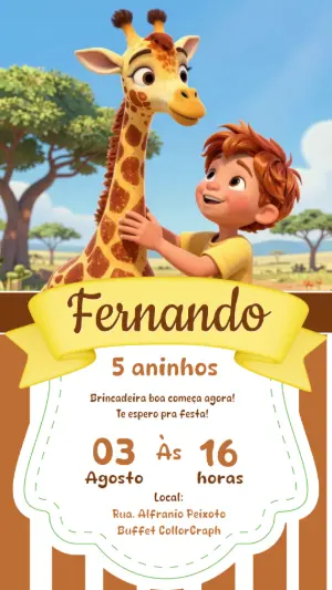 Convite Digital Aniversário Infantil Tema Girafa Editável
