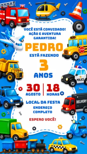 Convite de Aniversário Meios de Transporte Editável
