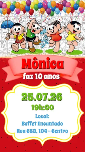 Convite de Aniversário Turma da Mônica Colorido para Editar