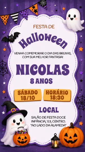 Convite de Aniversário Halloween Roxo com Fantasmas Editável