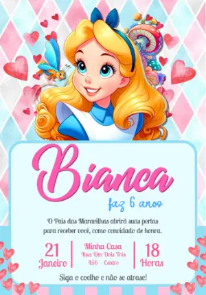Convite Digital Infantil Alice no País das Maravilhas para Editar