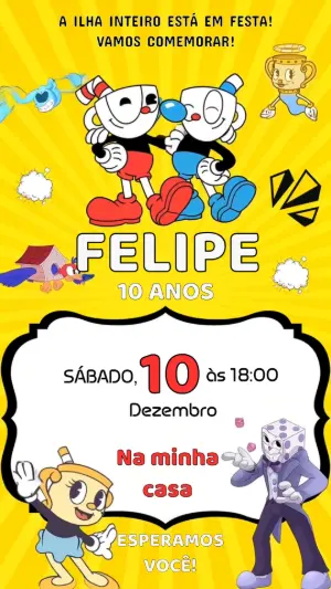Convite Animado Cuphead Aniversário Infantil para Editar