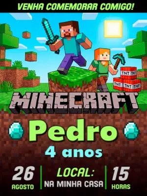 Convite de Aniversário Minecraft Pixelado para Editar