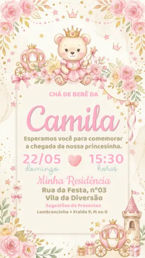 Convite Chá de Bebê Ursinha Princesa Rosa e Dourado Editável