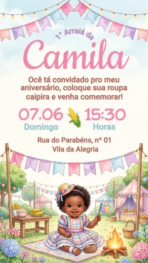 Convite de Aniversário Festa Junina Menina Editável