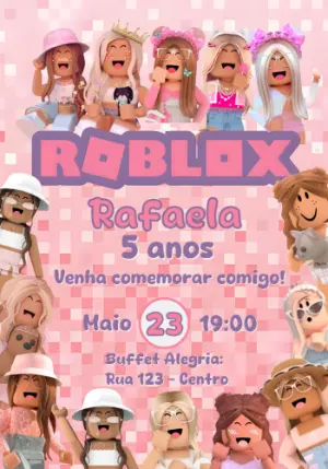 Convite de Aniversário Roblox Menina Rosa para Editar