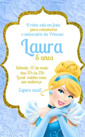 Convite de Aniversário Cinderela Azul e Dourado Editável