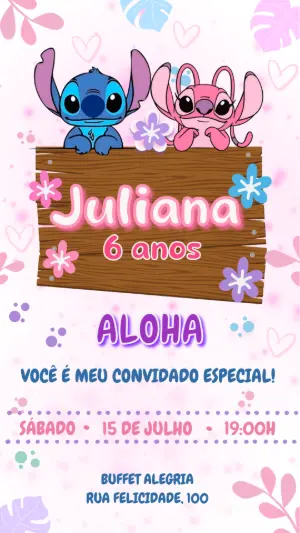 Convite de Aniversário Stitch e Angel Rosa Editável