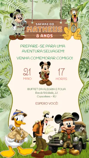 Convite Digital Aniversário Infantil Tema Safari para Editar