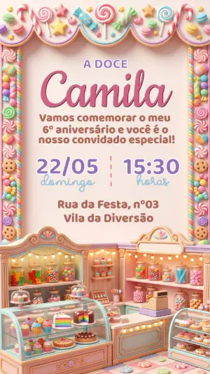 Convite de Aniversário Confeitaria de Doces 3D Editável