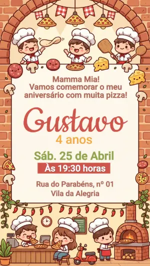 Convite de Aniversário Infantil Festa da Pizza Editável