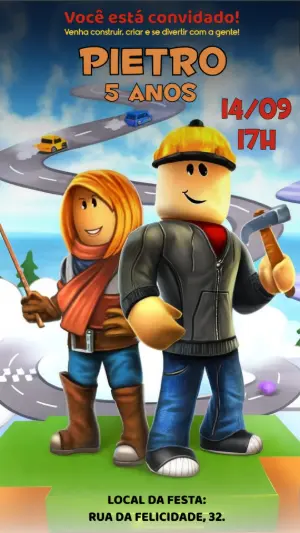 Convite de Aniversário Roblox com Personagens para Editar Online