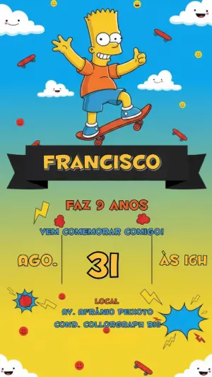 Convite de Aniversário Bart Simpson Skate para Editar