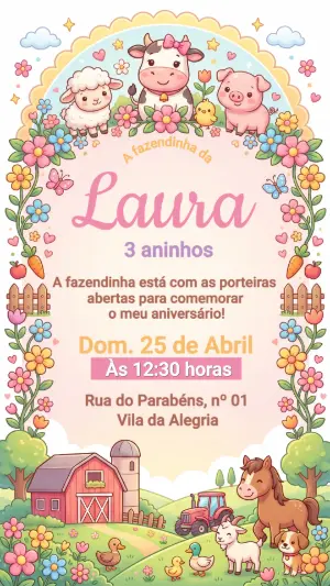 Convite de Aniversário Fazendinha Menina Rosa Editável