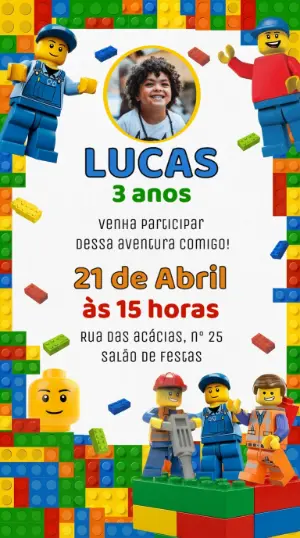 Convite de Aniversário LEGO Colorido com Foto para Editar
