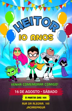 Convite de Aniversário Teen Titans Go! Colorido para Editar