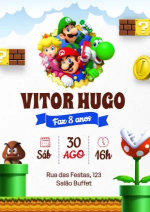 Convite de Aniversário Super Mario Editável para Festa Infantil
