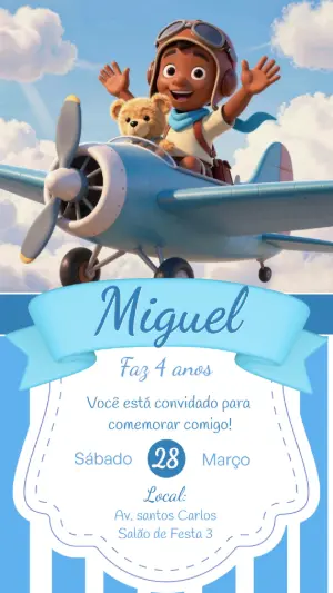 Convite de Aniversário Aviador Infantil para Editar