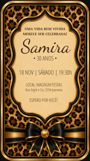 Convite de Aniversário Glamour Oncinha e Dourado Editável