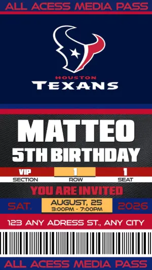Editable Houston Texans Football Ticket Birthday Invitation