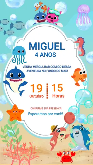 Convite Aniversário Fundo do Mar com Tubarões para Editar