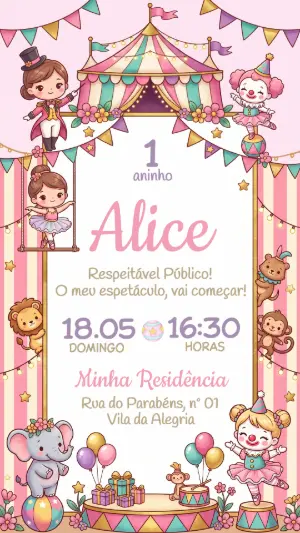 Convite Digital Tema Circo Rosa Menina Editável e Fofo