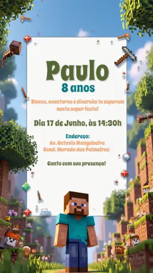 Convite de Aniversário Minecraft com Steve para Editar Online