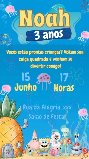 Convite de Aniversário Bob Esponja para Editar Online