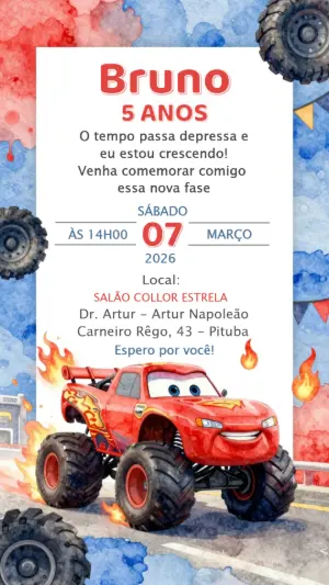 Convite de Aniversário Infantil Carro Monstro para Editar