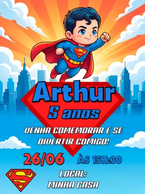 Convite de Aniversário Infantil Superman Cute Modelo Editável