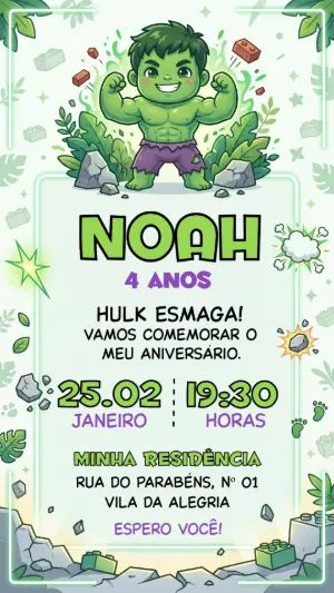 Convite de Aniversário Hulk Fofo com Blocos para Editar