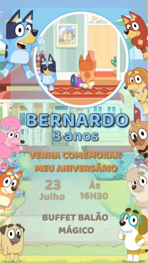 Convite Animado Aniversário Bluey e Bingo para Editar Online