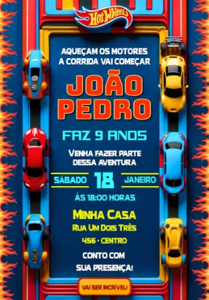 Convite de Aniversário Hot Wheels Azul Modelo Editável