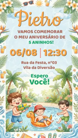 Convite de Aniversário Infantil Pool Party Aquarela Editável