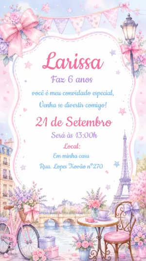 Convite de Aniversário Paris Aquarela Rosa para Editar