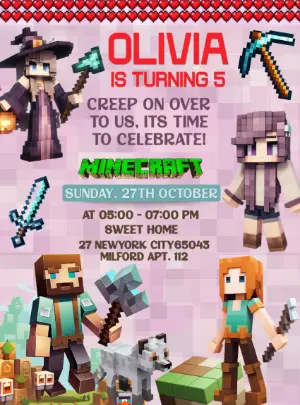 Minecraft Girl Birthday Invitation Editable Online