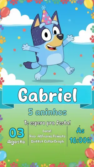 Convite de Aniversário Bluey Colorido para Editar Online
