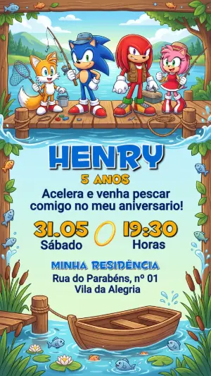 Convite de Aniversário Sonic Pescaria Infantil Editável