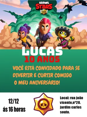 Convite de Aniversário Brawl Stars com Personagens para Editar