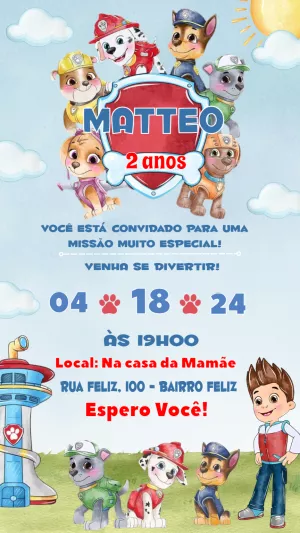 Convite de Aniversário Patrulha Canina para Editar Online