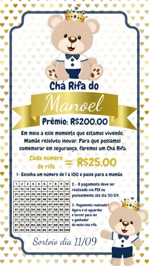 Convite Chá Rifa Ursinho Príncipe para Editar Online