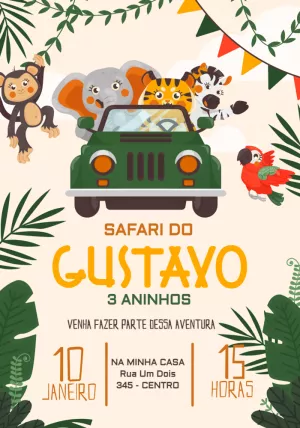 Convite Aniversário Safari com Animais para Editar Online