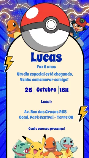 Convite Pokémon Editável Online para Festa de Aniversário