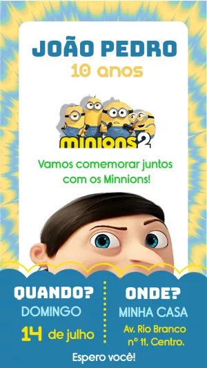 Convite de Aniversário Minions com Personagens para Editar Online