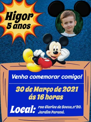 Convite Aniversário Mickey Mouse com Foto para Editar Online