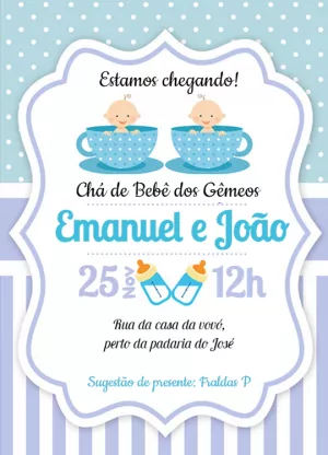 Convite Chá de Bebê Gêmeos Azul para Editar Online