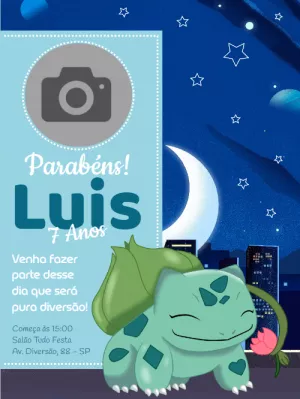 Convite de Aniversário Pokémon Bulbasaur com Foto para Editar