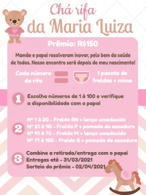 Convite Chá Rifa Ursinha Rosa para Editar Online