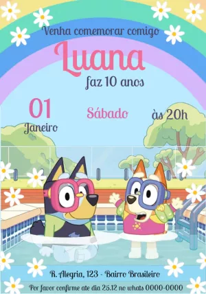 Convite de Aniversário Bluey na Piscina para Editar Online