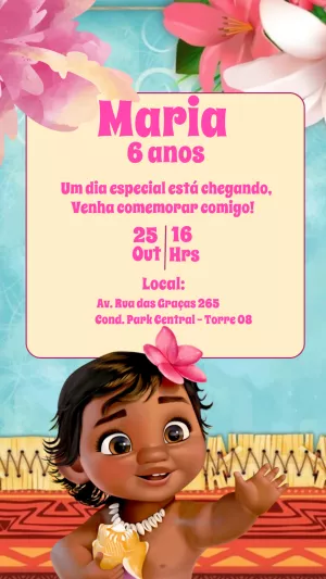 Convite Aniversário Moana Baby para Editar Online